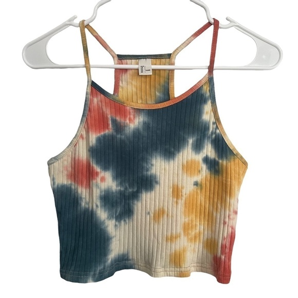 Racerback Red, Blue, Yellow, & White Tie Dye Ribbed Crop - Picture 1 of 3